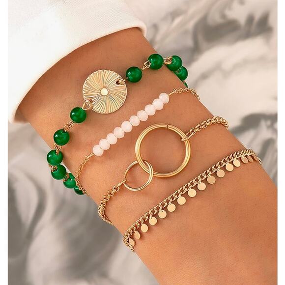 NWT gold and green set of 4 chain bead bracelets - Picture 2 of 2